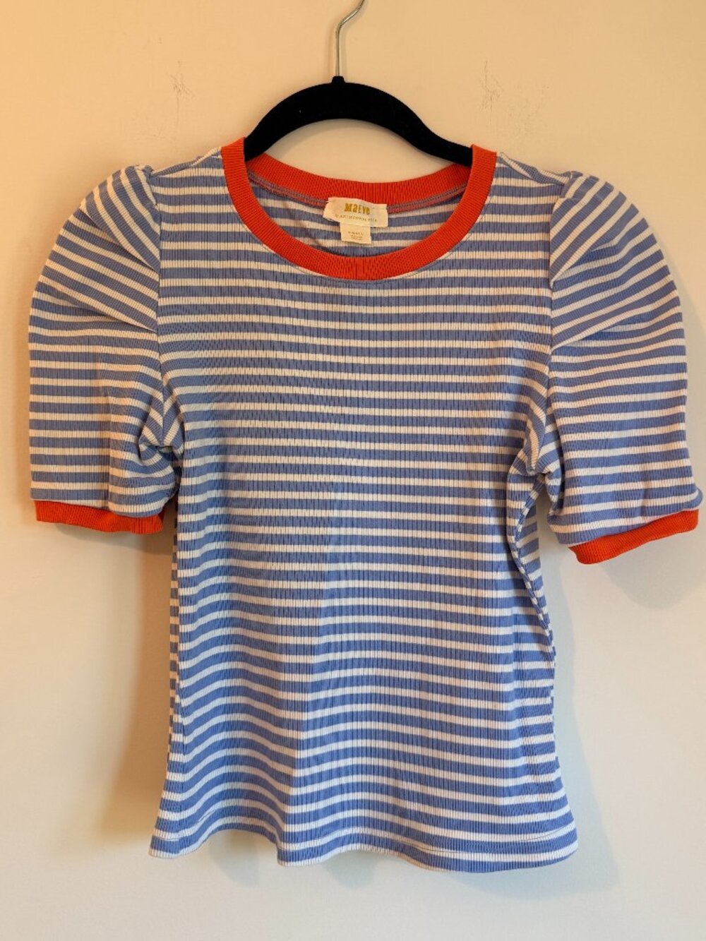 Maeve Anthropologie Blue & White Striped Puff-Sleeve Tee with Orange Trim,Size S